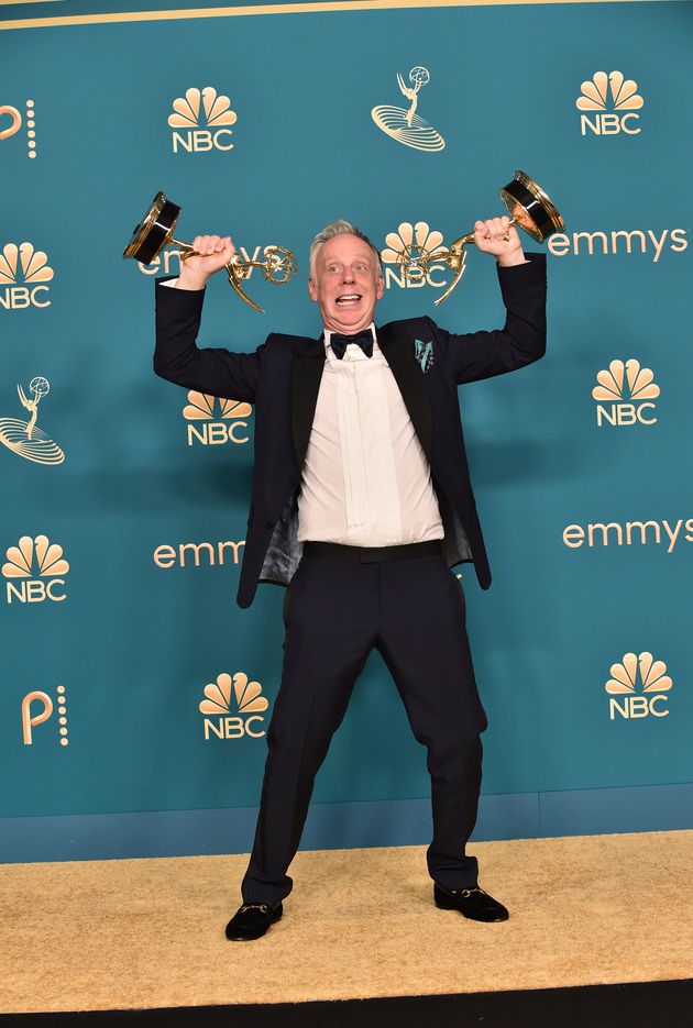 Mike White celebrating The White Lotus' first Emmy wins in 2022