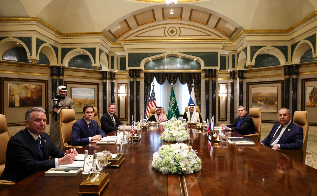 US Secretary of State Marco Rubio, second left, meets with Saudi Foreign Minister Prince Faisal bin Farhan Al Saud, Saudi National Security Advisor Mosaad bin Mohammad Al-Aiban, U.S. National Security Advisor Mike Waltz, third left, U.S. Middle East envoy Steve Witkoff, left, Russian Foreign Minister Sergei Lavrov, right, and Russian President Vladimir Putin's foreign policy advisor Yuri Ushakov, second right, at Diriyah Palace, in Riyadh, Saudi Arabia, Tuesday Feb. 18, 2025. 