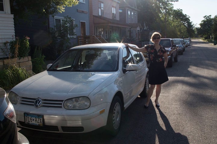 The author and her Volkswagen, where she used to listen to “Boots of Spanish Leather,” in 2016.