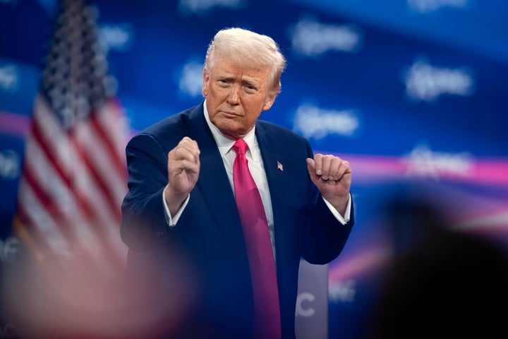 President Donald Trump dances as he speaks at CPAC, at the Gaylord National Resort & Convention Center, Saturday, Feb. 22, 2025, in Oxon Hill, Md. 