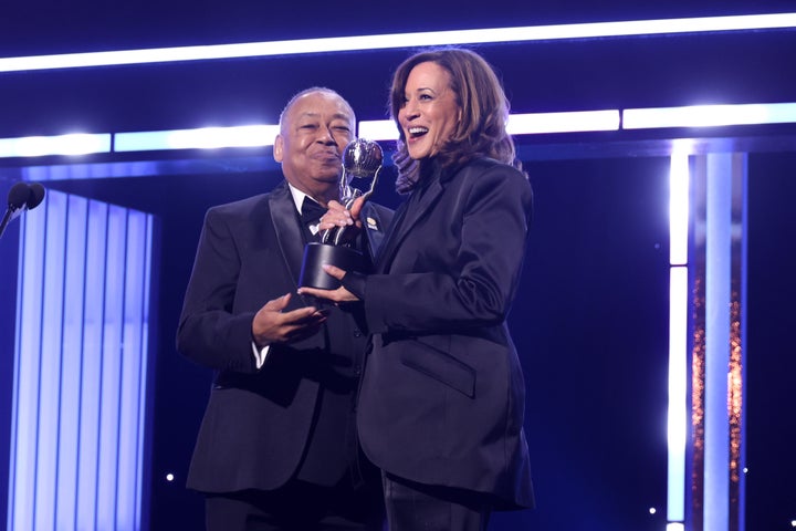 PASADENA, CALIFORNIA - FEBRUARY 22: (L-R) Leon W. Russell, Chair, NAACP National Board of Directors, presents the Chairman's Award to Former Vice President Kamala Harris onstage during the 56th NAACP Image Awards at Pasadena Civic Auditorium on February 22, 2025 in Pasadena, California. (Photo by Johnny Nunez/Getty Images for BET)