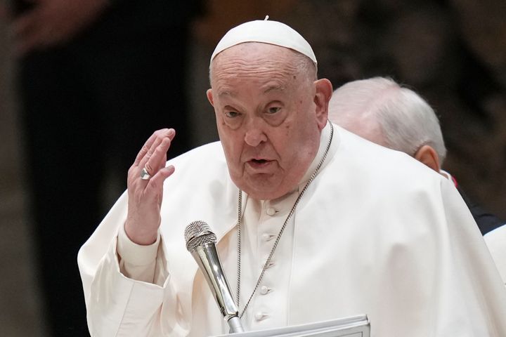 Pope Francis delivers his blessing during his weekly general audience in the Pope Paul VI hall at the Vatican, Wednesday, Feb. 5, 2025. (AP Photo/Andrew Medichini)