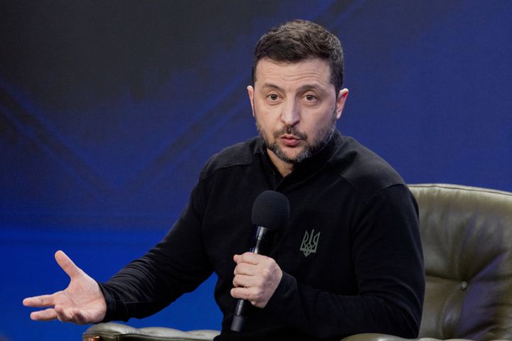 Ukraine's President Volodymyr Zelensky speaks during a joint press conference on the sidelines of the "Ukraine. Year 2025" forum in Kyiv on February 23, 2025, amid the Russian invasion of Ukraine. (Photo by Tetiana DZHAFAROVA / AFP) (Photo by TETIANA DZHAFAROVA/AFP via Getty Images) 