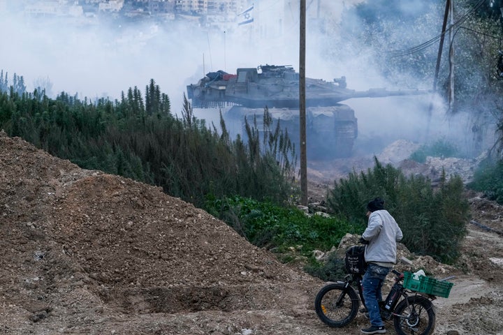 Israeli tanks moving into the Palestinians city of Jenin in the occupied West Bank, Sunday, Feb. 23, 2025.