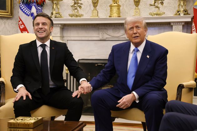 President Donald Trump speaks during a meeting with France's President Emmanuel Macron in the Oval Office of the White House in Washington, Monday, Feb. 24, 2025. 