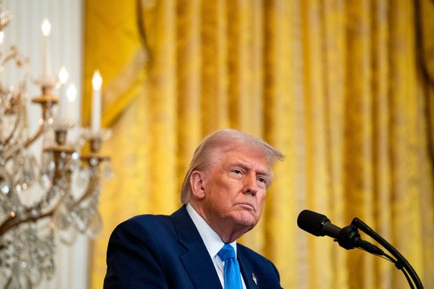 US President Donald Trump during a news conference with Emmanuel Macron, France's president, not pictured, in the East Room of the White House in Washington, DC, US, on Monday, Feb. 24, 2025.