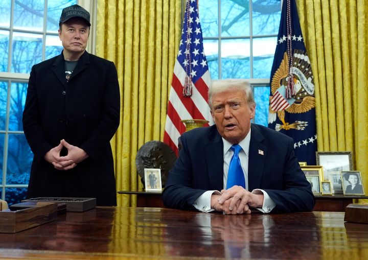 President Donald Trump and Elon Musk speak to the press in the Oval Office on Feb. 11, 2025.