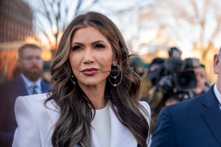 Homeland Security Secretary Kristi Noem speaks with reporters at the White House on Wednesday, Jan. 29.