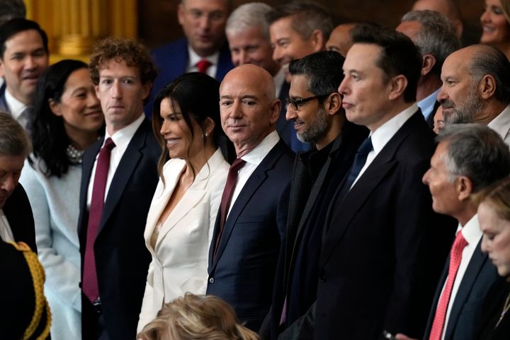 Jeff Bezos alongside Mark Zuckerberg, Jeff Bezos, Sundar Pichai and Elon Musk at Donald Trump's inauguration in January.