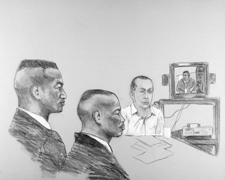 A court sketch of Yusef Salaam (left), Antron McCray (center) and Raymond Santana (right) in New York watching McCray's videotaped statement about the Central Park jogger case, on July 10, 1990. Five boys were wrongfully convicted in the case, and were exonerated in 2002.