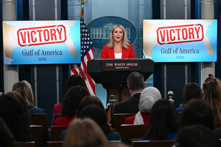 TOPSHOT - White House Press Secretary Karoline Leavitt speaks during the daily briefing in the Brady Briefing Room of the White House in Washington, DC, on February 25, 2025. (Photo by Jim WATSON / AFP) (Photo by JIM WATSON/AFP via Getty Images) 