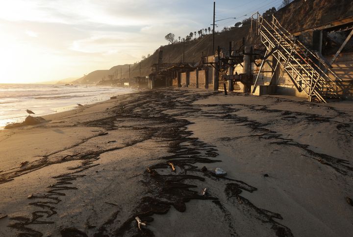 Wildfire-related debris is washed up on Feb. 18, 2025, in Malibu, California.