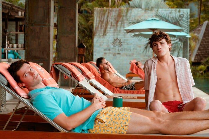 Patrick Schwarzenegger and Sam Nivola play brothers Saxon and Lochlan in the new season of The White Lotus