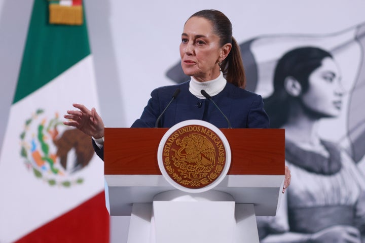 Mexican President Claudia Sheinbaum speaks during a press conference, at the National Palace, in Mexico City, Mexico on February 03, 2025. President Sheinbaum held this press conference after she had a conversation with US President Donald Trump. (Photo by Daniel Cardenas/Anadolu via Getty Images)