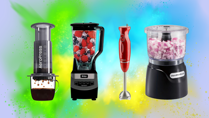 An AeroPress coffee maker, a Ninja blender, an immersion hand blender and a Hamilton Beach food processor.