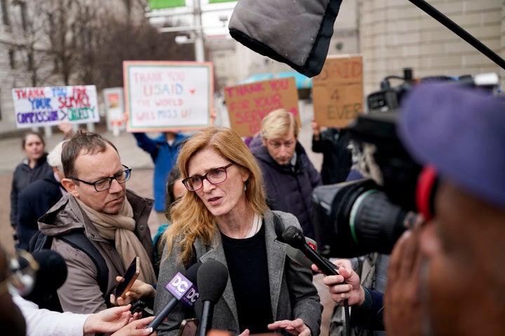 Samantha Power, a former U.S. ambassador and administrator of the United States Agency for International Development, denounced the Trump administration's actions outside USAID headquarters on Feb. 27, 2025. 