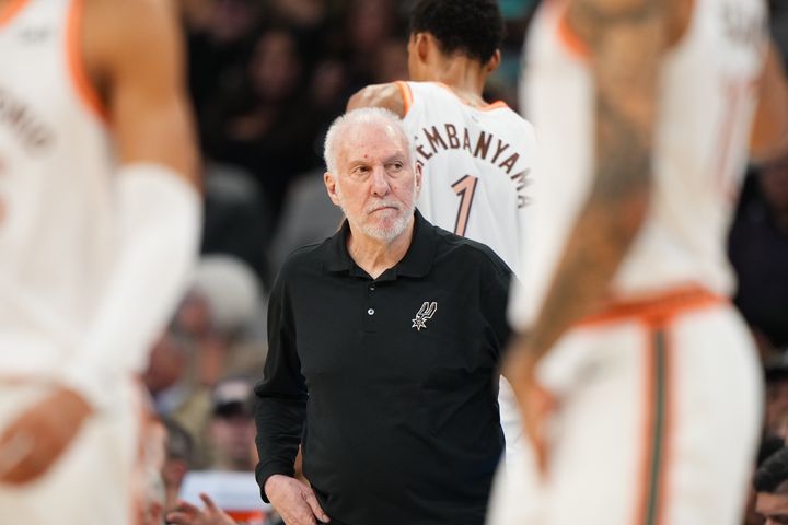 Head Coach Gregg Popovich of the San Antonio Spurs looks on during the game against the Dallas Mavericks on March 19, 2024 at the Frost Bank Center in San Antonio, Texas. (Photos by Darren Carroll/NBAE via Getty Images)