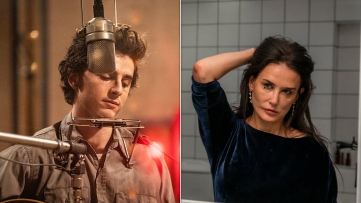 Timothée Chalamet in "A Complete Unknown" and Demi Moore in "The Substance."