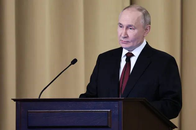 Russian President Vladimir Putin delivers his speech during a meeting of the Federal Security Service (FSB) board, in Moscow, Russia, on Thursday, Feb. 27, 2025. 