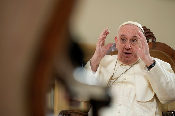 Pope Francis speaks during an interview with The Associated Press at The Vatican, Tuesday, Jan. 24, 2023. (AP Photo/Andrew Medichini, File )