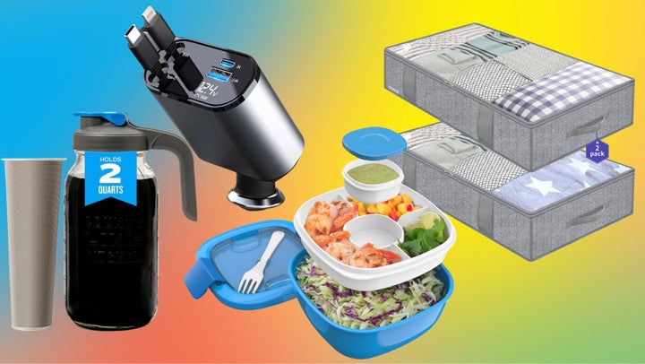 A cold brew coffee maker, a retractable car charger, a Bento lunchbox and a pair of under-bed storage containers.