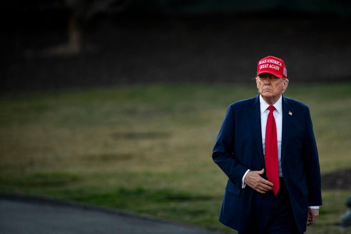 President Donald Trump walks to speak to members of the media on the South Lawn of the White House before boarding Marine One in Washington, DC, US, on Friday, Feb. 28, 2025. (Al Drago/Bloomberg via Getty Images)