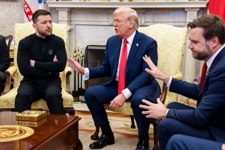 Volodymyr Zelenskiy, Ukraine's president, President Donald Trump, and Vice President JD Vance during a meeting in the Oval Office of the White House in Washington, DC, US, on Friday, Feb. 28, 2025. (Jim Lo Scalzo/EPA/Bloomberg via Getty Images)