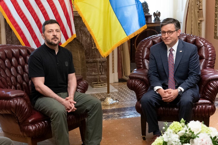 TOPSHOT - US Speaker of the House Mike Johnson meets with Ukrainian President Volodymyr Zelensky at the US Capitol in Washington, DC, on July 10, 2024. (Photo by Chris Kleponis / AFP) (Photo by CHRIS KLEPONIS/AFP via Getty Images)