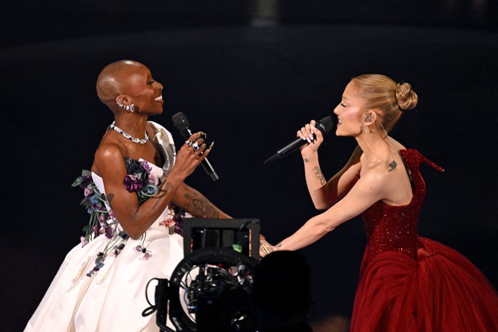 Cynthia Erivo (L) and Ariana Grande perform onstage during the 97th Annual Academy Awards at the Dolby Theatre in Hollywood, California on March 2, 2025. 