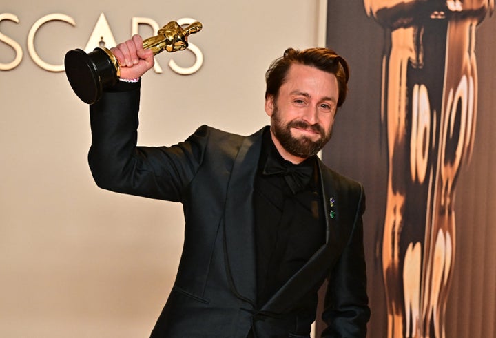 Kieran Culkin celebrates his win for Best Actor in a Supporting Role for "A Real Pain."