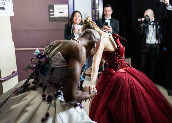 Cynthia Erivo and Ariana Grande seen backstage at the 97th Annual Oscars at Dolby Theatre on March 2 in Hollywood, California.