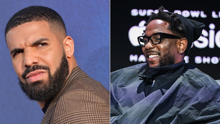 At the Oscars, host Conan O’Brien reignited the longstanding feud between rappers Drake, left, and Kendrick Lamar, right.