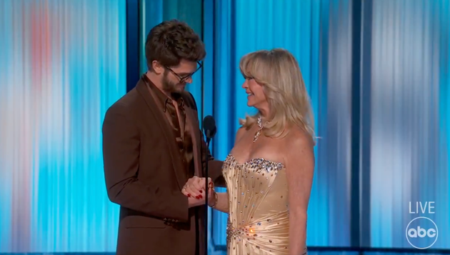 Andrew Garfield and Goldie Hawn on stage at the 2025 Oscars