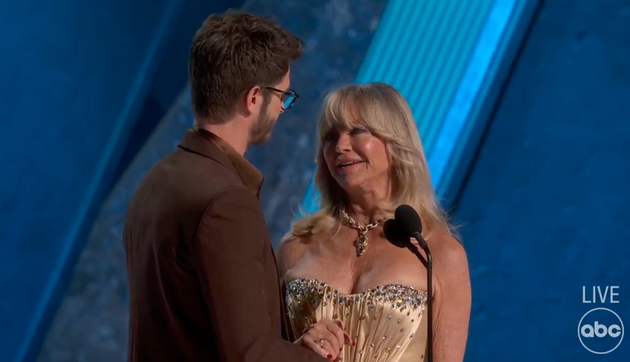 Goldie Hawn looked visibly moved as Andrew Garfield told her about his mother's love for her as a performer