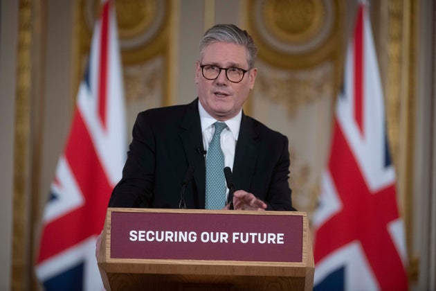 Keir Starmer speaks at a press conference as he hosts a European leaders' summit to discuss Ukraine, at Lancaster House in London.