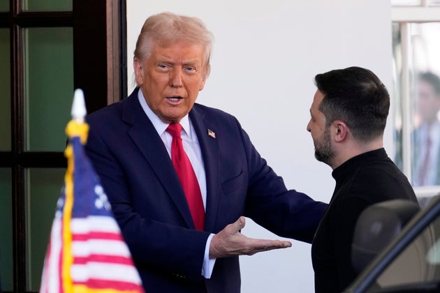 President Donald Trump welcomes Ukraine President Volodymyr Zelenskyy at the White House in Washington, Friday, Feb. 28, 2025, before their disastrous bust-up.