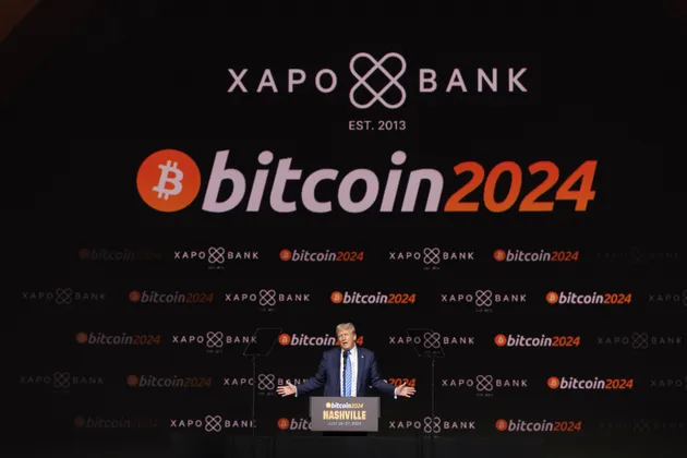 Donald Trump speaks at the Bitcoin 2024 conference in Nashville, Tennessee, on July 27, 2024. Trump said he would ask the government to create a massive reserve of Bitcoin if he returns to the White House in a bid to court cryptocurrency enthusiasts and harness the industry's growing influence in the political arena.