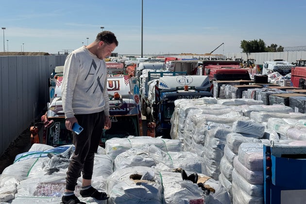 Trucks carrying humanitarian aid line up on the Egyptian side of the Rafah border crossing with Gaza on March 2, 2025, after Israel suspended the entry of supplies into the Palestinian enclave.