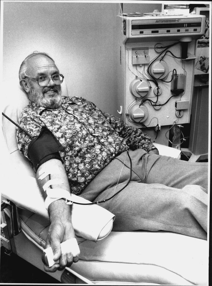 Jim Harrison, pictured at the Red Cross Blood Bank, giving his 537th blood donation in 1992.