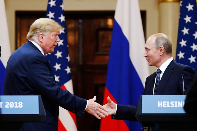 Monday, July 16, 2018, US President Donald Trump shakes hand with Russian President Vladimir Putin.