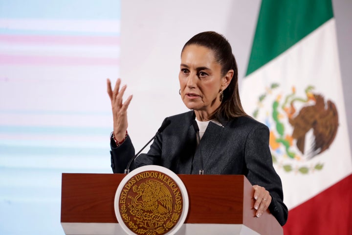 Claudia Sheinbaum Pardo, President of Mexico, speaking about Fentanyl seizures at the southwest border during a briefing conference at National Palace. on March 3, 2025 in Mexico City, Mexico. (Luis Barron/ Pixelnews/Future Publishing via Getty Images)