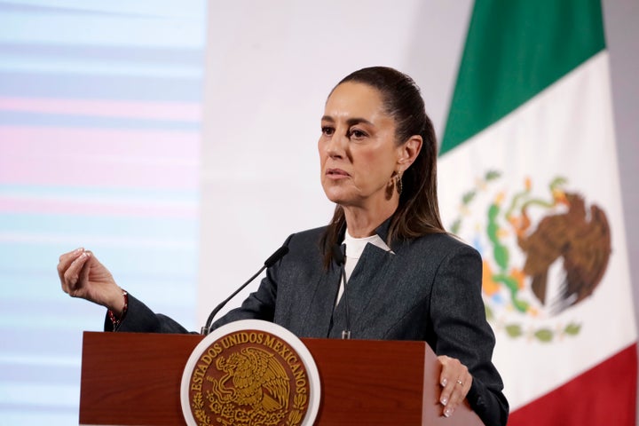 Claudia Sheinbaum Pardo, President of Mexico, speaking about Fentanyl seizures at the southwest border during a briefing conference at National Palace. on March 3, 2025 in Mexico City, Mexico. (Luis Barron/ Pixelnews/Future Publishing via Getty Images)