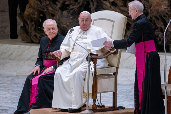 Pope Francis attends the weekly general audience in The Vatican, on February 12, 2025. (Photo by Massimo Valicchia/NurPhoto via Getty Images)