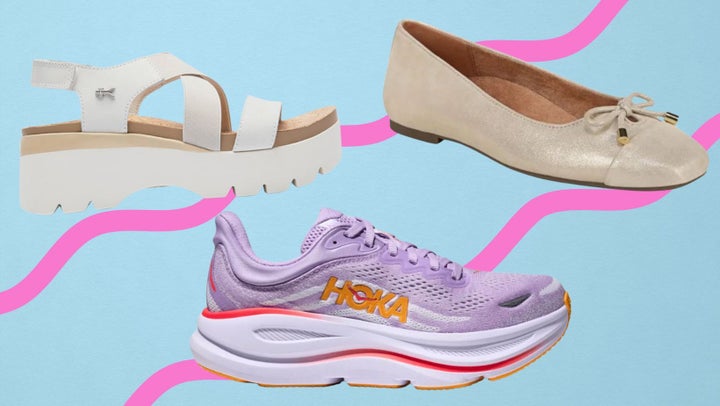 Kuru platform walking sandals, Hoka Bondi 9 sneakers and a pair of Vionic ballet flats.