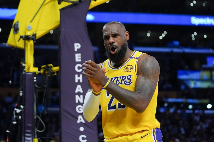 Los Angeles Lakers' LeBron James (23) reacts to a foul call on the New Orleans Pelicans during the second half of an NBA basketball game on March 4, 2025, in Los Angeles.