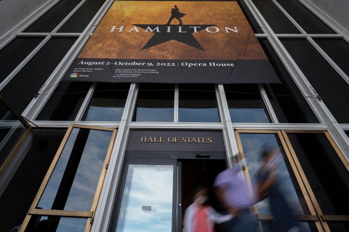 People exit after watching the musical Hamilton at the Kennedy Center in Washington, DC on August 06, 2022.