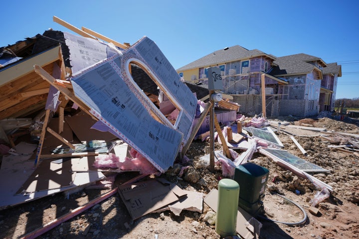 Homes that were under construction sit destroyed after recent severe weather passed through the area in Haslet, Texas, on March 5, 2025.