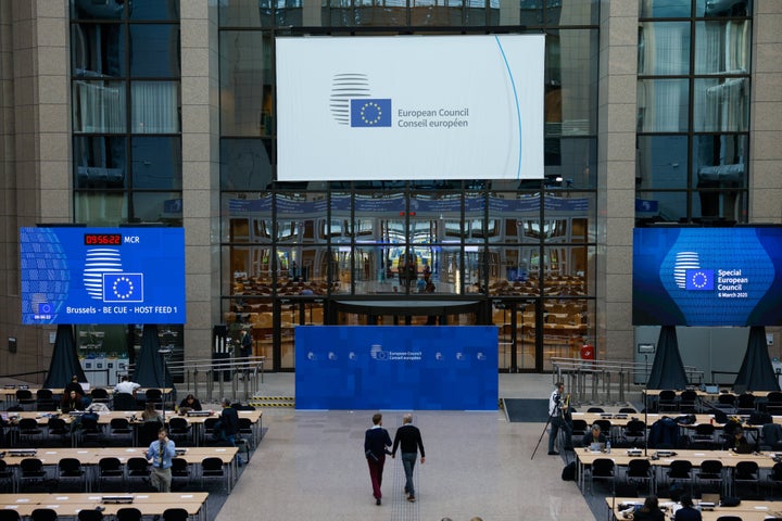 The press room at a special European Council meeting in Brussels, Belgium, on Thursday, March 6, 2025. EU leaders are scrambling to ramp up the bloc's defense funding and support for Ukraine after Donald Trump halted aid to Kyiv this week. Photographer: Simon Wohlfahrt/Bloomberg via Getty Images