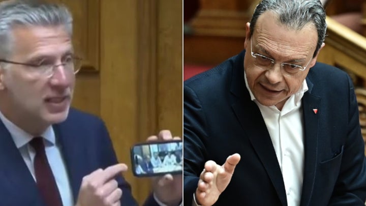 Ο υπουργός Επικρατείας Άκης Σκέρτσος και ο αρχηγός του ΣΥΡΙΖΑ Σωκράτης Φάμελλος σε χαρακτηριστικά στιγμιότυπα της πιο σκληρής - μέχρι στιγμής - κόντρας στη διάρκεια της τριήμερης συνεδρίασης πριν από την ψηφοφορία για δυσπιστία στη Βουλή.