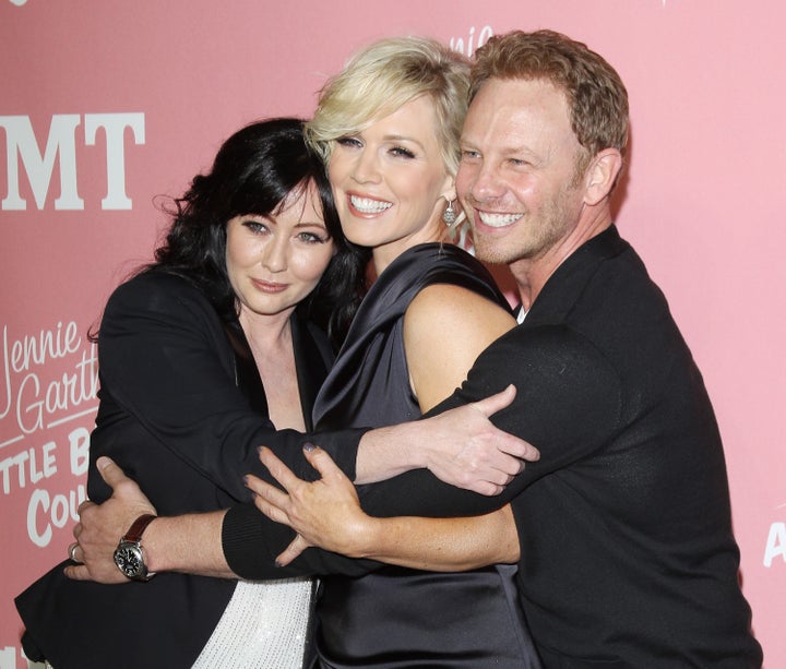 Shannen Doherty, Jennie Garth and Ian Ziering arrive at Jennie Garth's 40th Birthday celebration & premiere party on April 19, 2012 in West Hollywood.